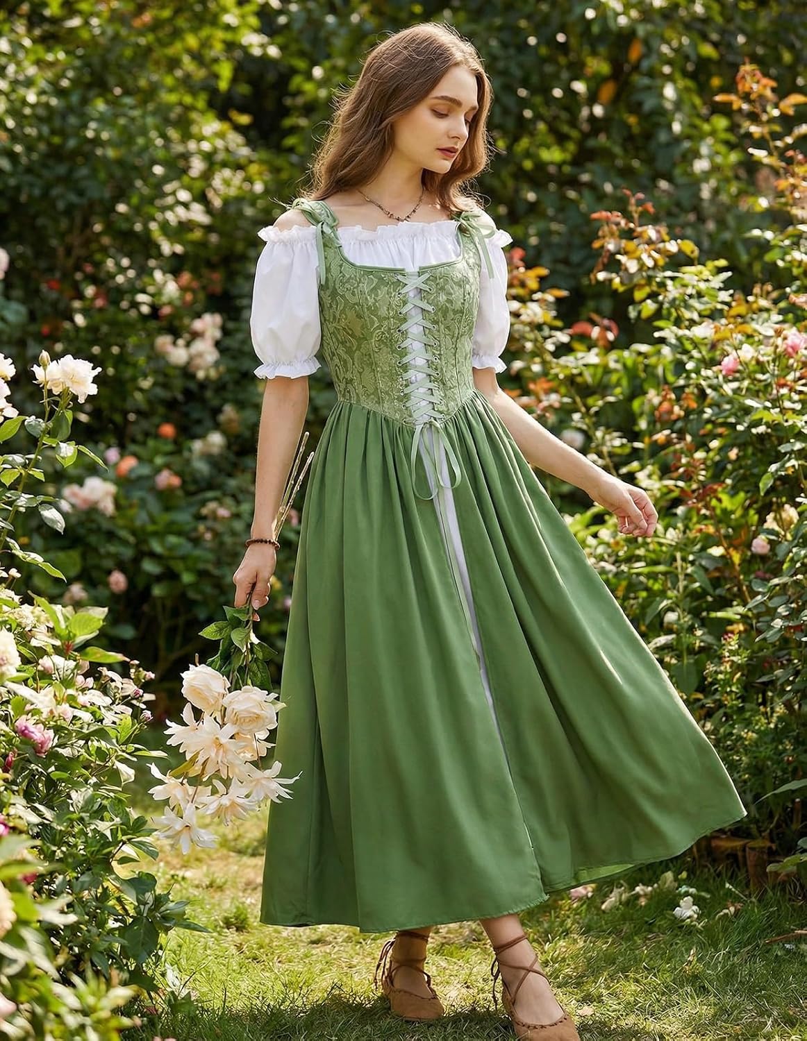Detalle de Scarlet Darkness Renaissance Costume Dress, Two-Piece Corset Set with Pockets