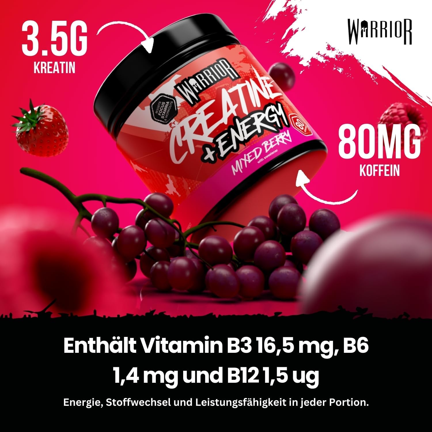 Thumbnail 4 de Warrior Kreatin Monohydrat + Energy Pulver 360 g (Gemischte Beeren) – 80 Portionen mit Koffein & Vitaminen