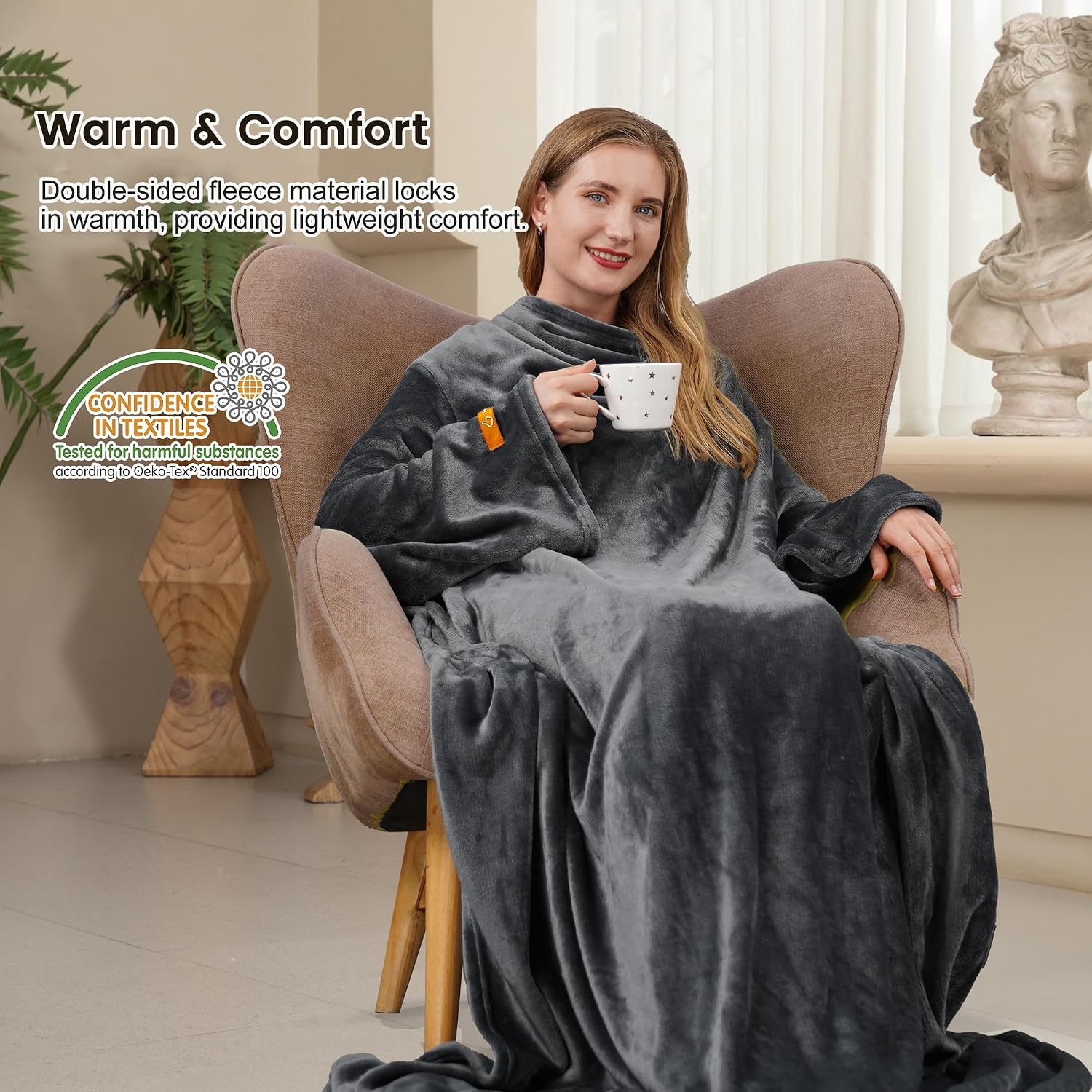 Thumbnail 1 de Winthome Grey Wearable Blanket with Sleeves, Flannel, 55.1" x 70.8