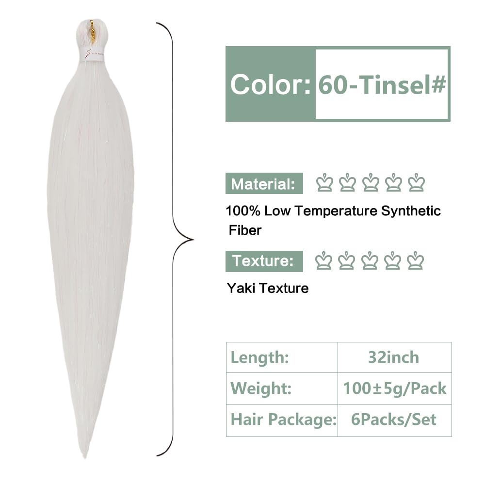 Thumbnail 1 de YDDM Kunsthaar zum Einflechten Pre Stretched Braiding Hair „Weiß Glitz“ (Yaki) – 6er Pack