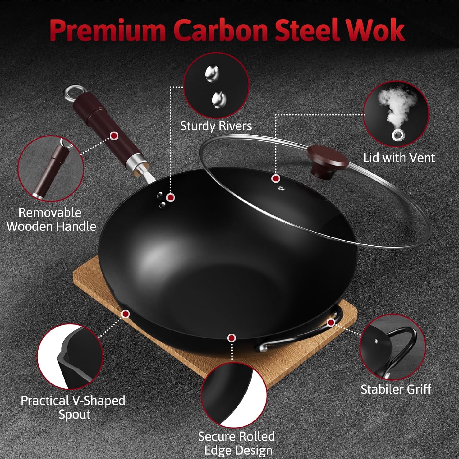 Thumbnail 5 de Jobin Wok de Acero al Carbono 32cm con Tapa y Asas de Madera