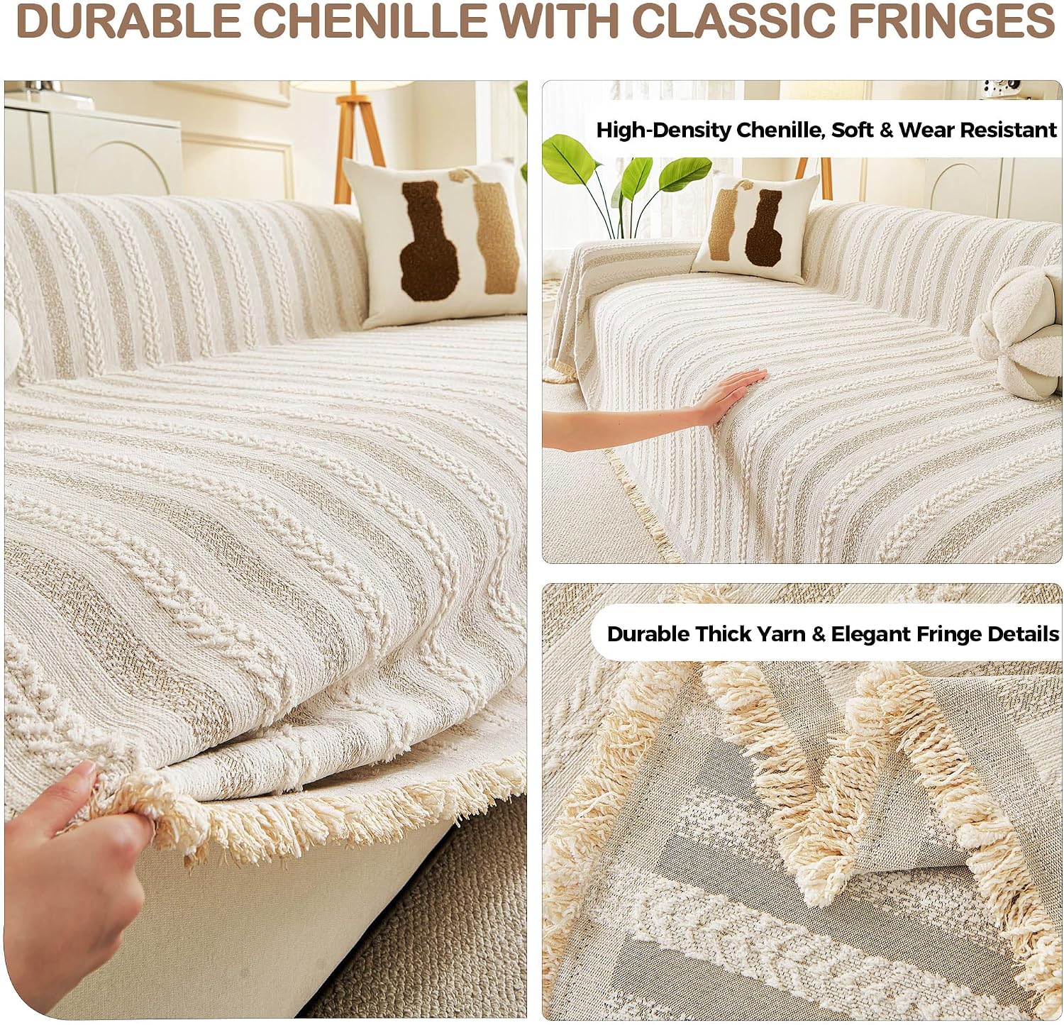 Thumbnail 1 de KaviKon Chenille Sofa Cover, 71 x 134, Striped Beige with Tassels