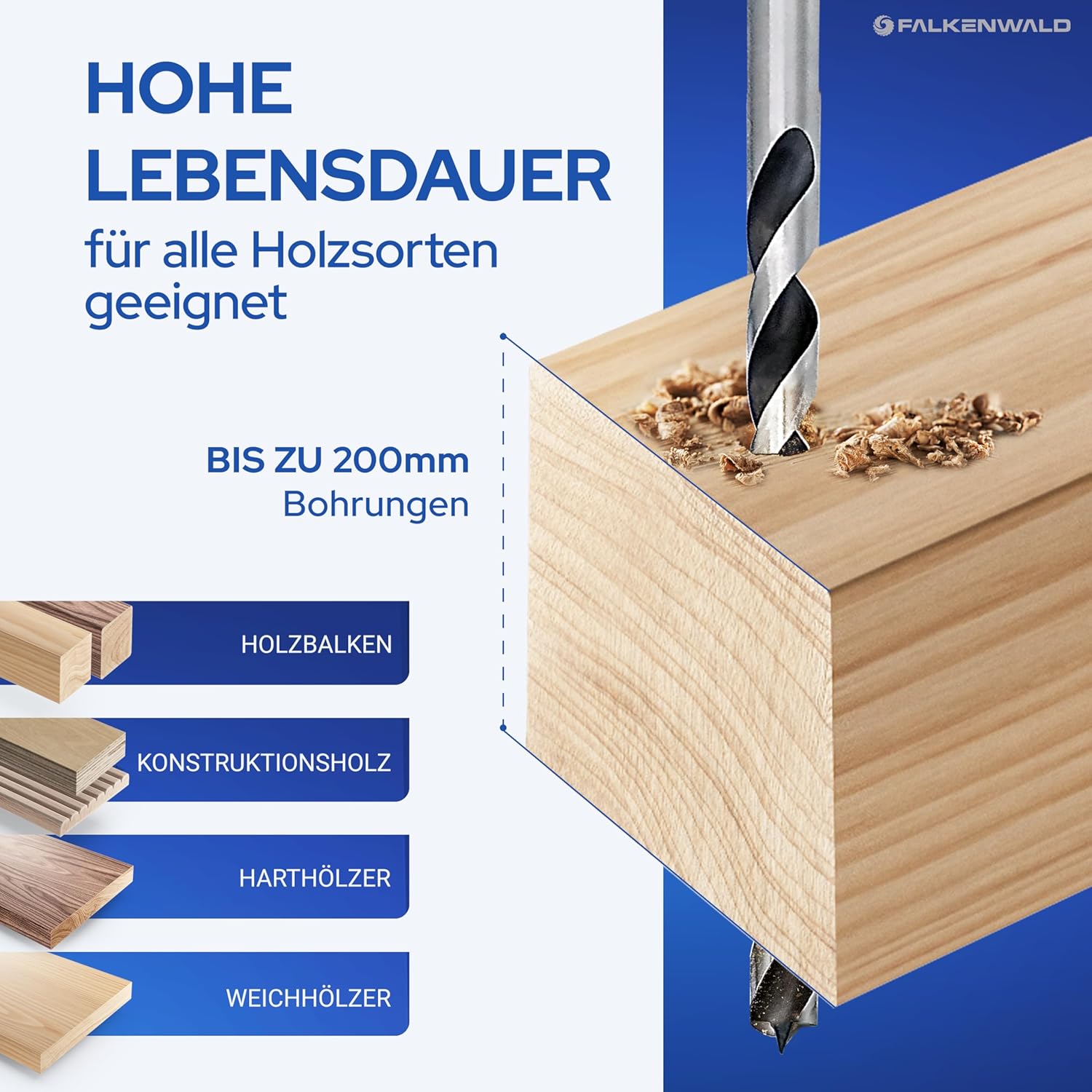 Thumbnail 2 de Falkenwald Holzbohrer-Set lang 7-teilig (4–12 mm) inkl. Koffer für präzise Bohrungen in Weich- und Hartholz