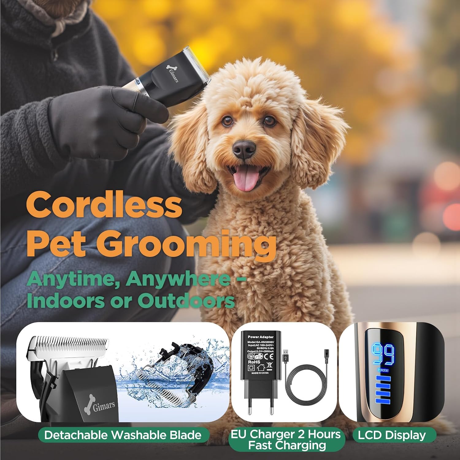Detalle 2 de Gimars 3 in 1 Low Noise 7000 RPM Dog Clippers – Cordless Pet Grooming Kit