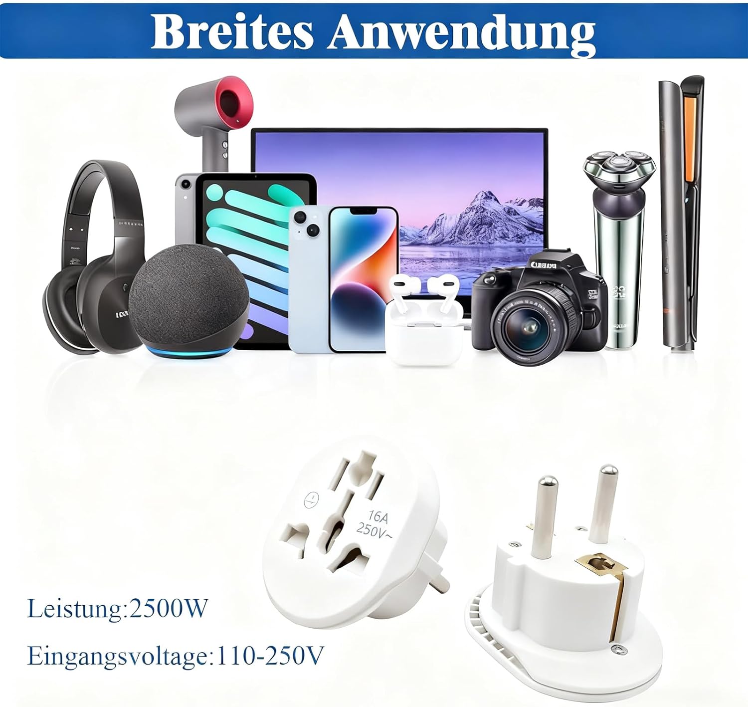 Detalle de 2er-Set UK auf EU Reiseadapter 2500W 16A – Universal Reiseadapter Weiß