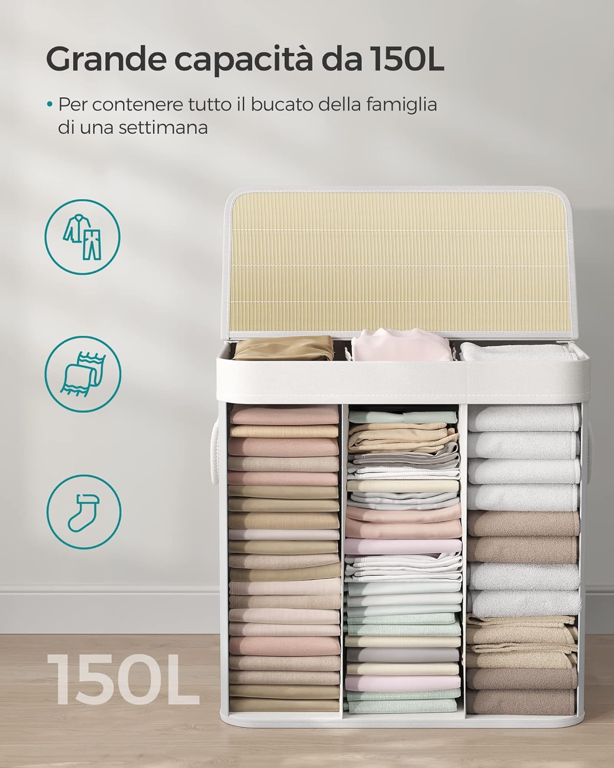 Thumbnail 4 de SONGMICS Cesto Portabiancheria 150 L con Coperchio e 3 Scomparti in Bambù – LCB091W01