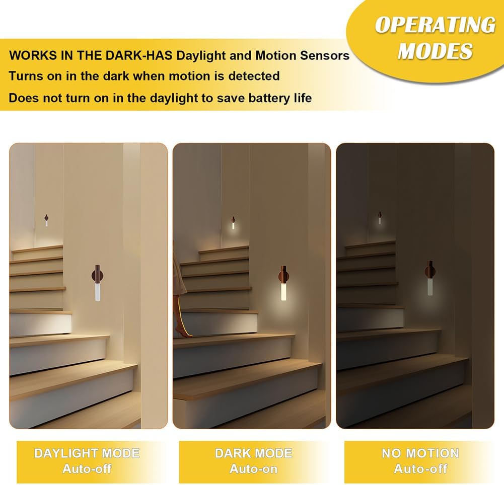 Detalle 2 de LANDGOO Bewegungsmelder Nachtlichter mit Magnet – wiederaufladbar, tragbare LED-Licht für Flur & Treppenhaus (2er-Set, Walnussholz)