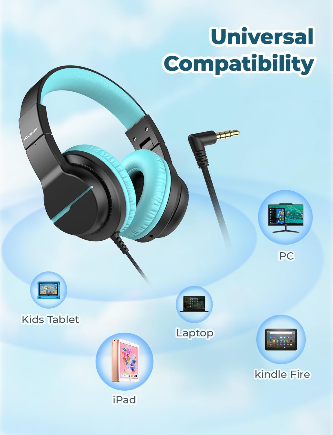 Thumbnail 4 de iClever HS19 Kids Over-Ear Headphones, 85 dBA Limit, Mic and 3.5mm Jack