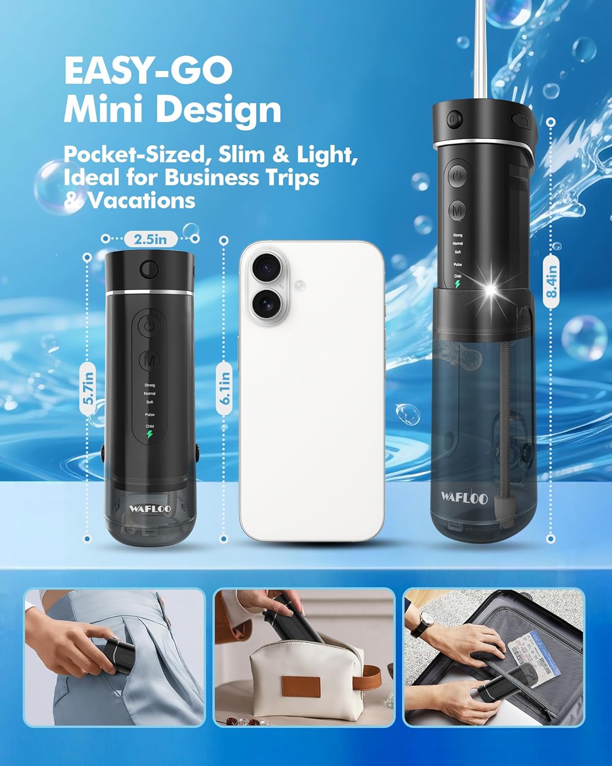 Detalle de Idropulsore Dentale Portatile a 5 Modalità con serbatoio 180 ml – IPX7, USB-C
