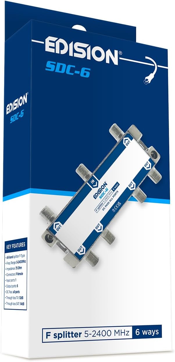 Detalle 1 de Edision SDC-6 TV-splitter med sex utgångar, F-kontakter och DC-pass