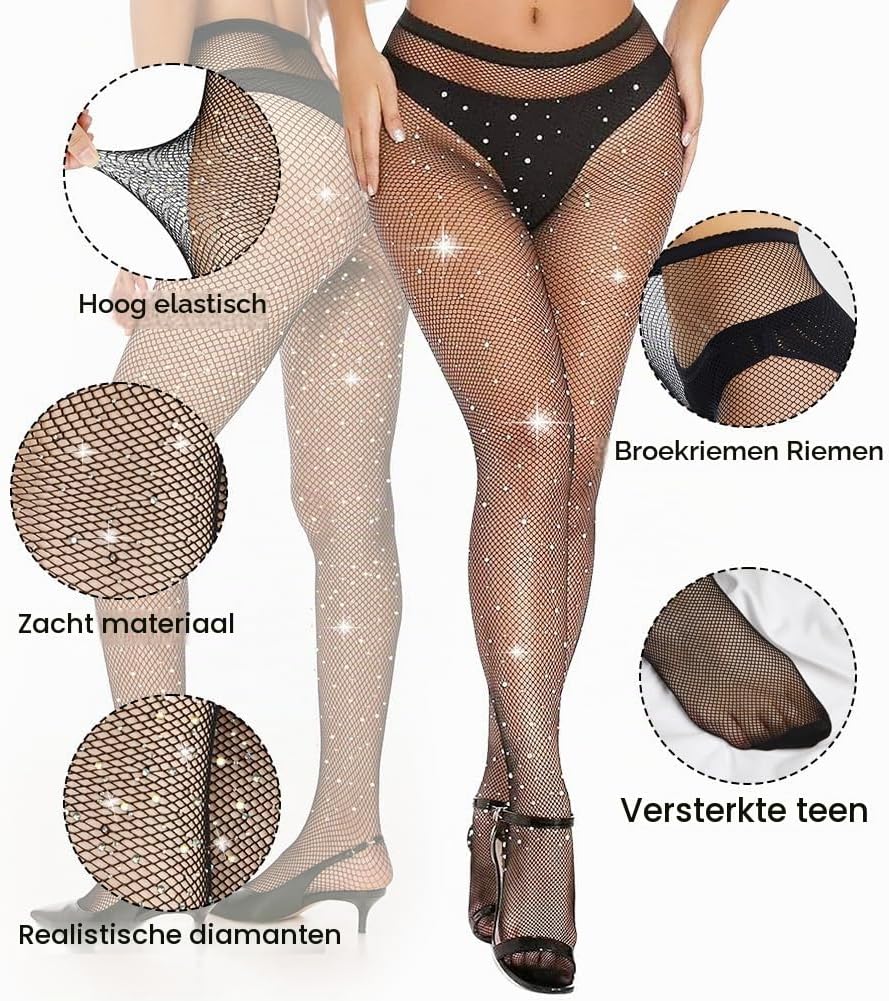 Detalle de Aomig damesvisnetpanty met gekleurde strass, hoge taille, acryl, 2-pack