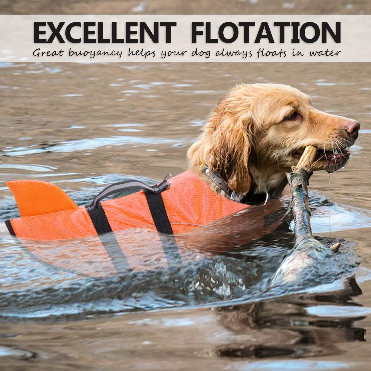 Detalle 2 de Queenmore Ripstop Dog Life Jacket Shark Style (Orange, XS) for Small & Medium Breeds