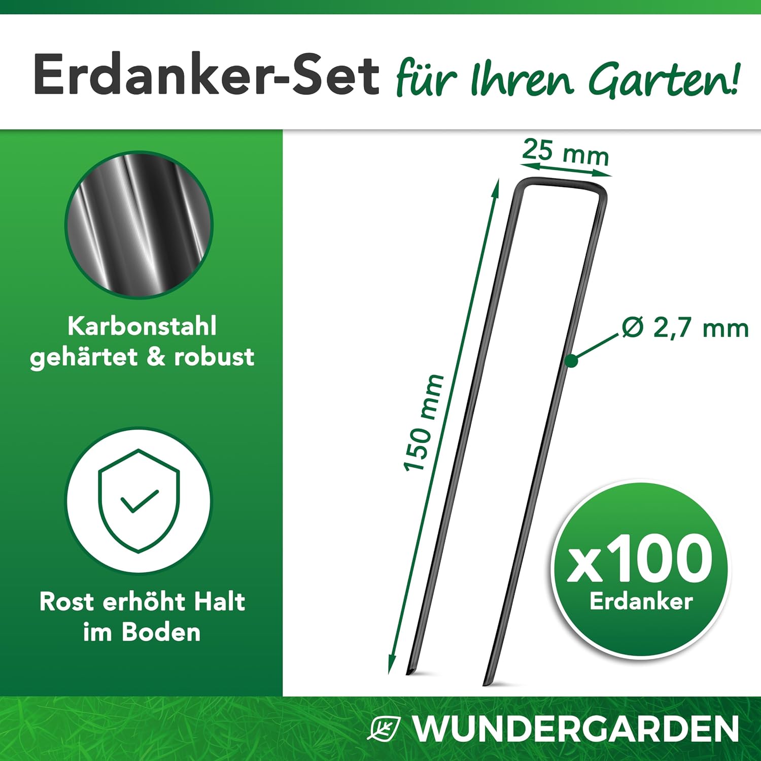 Detalle de WUNDERGARDEN Erdanker-Set (100 Stück) für Unkrautvlies, Bodenanker aus Stahl – 150 x 25 mm, Ø 2,7 mm