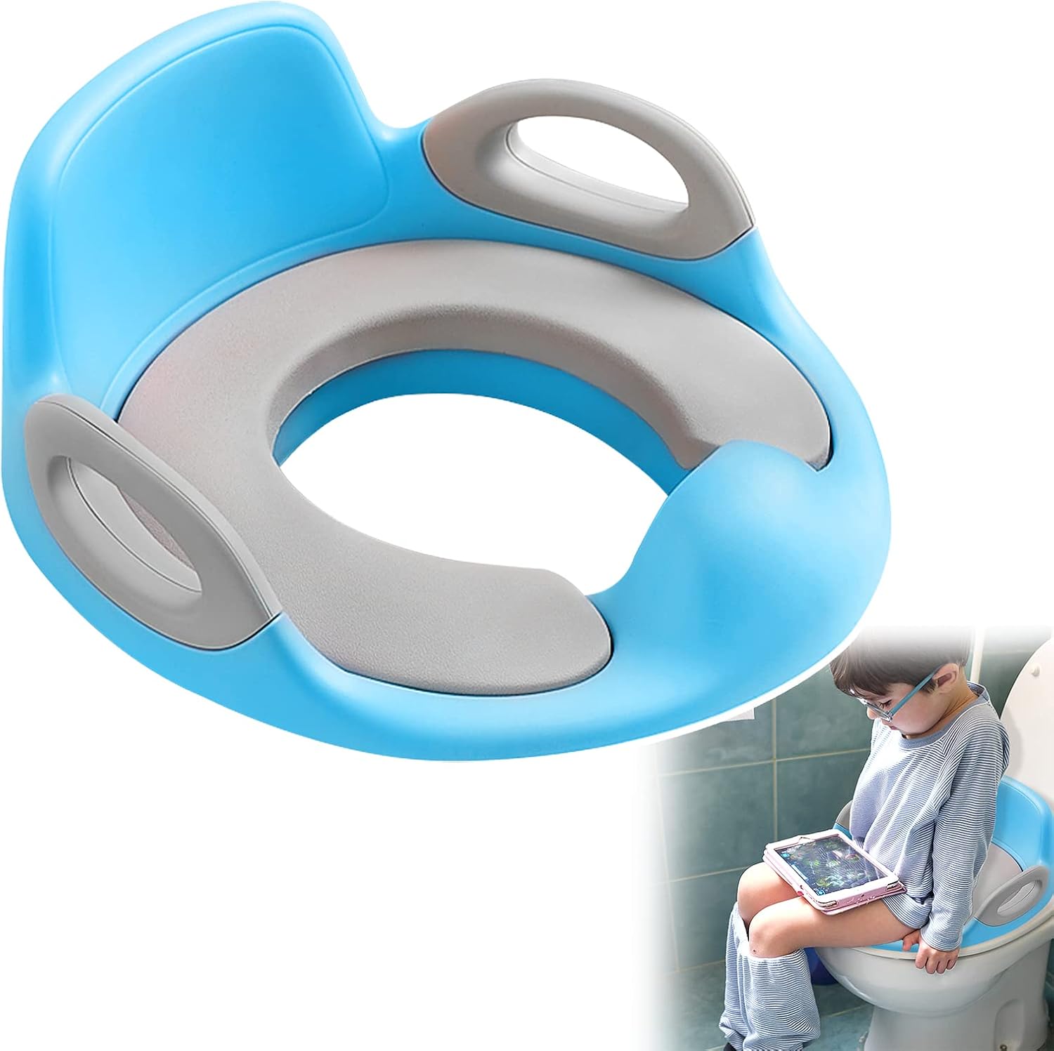 Detalle de UISEBRT Children's Toilet Trainer Seat with Cushion, Handles and Backrest, Blue and Grey