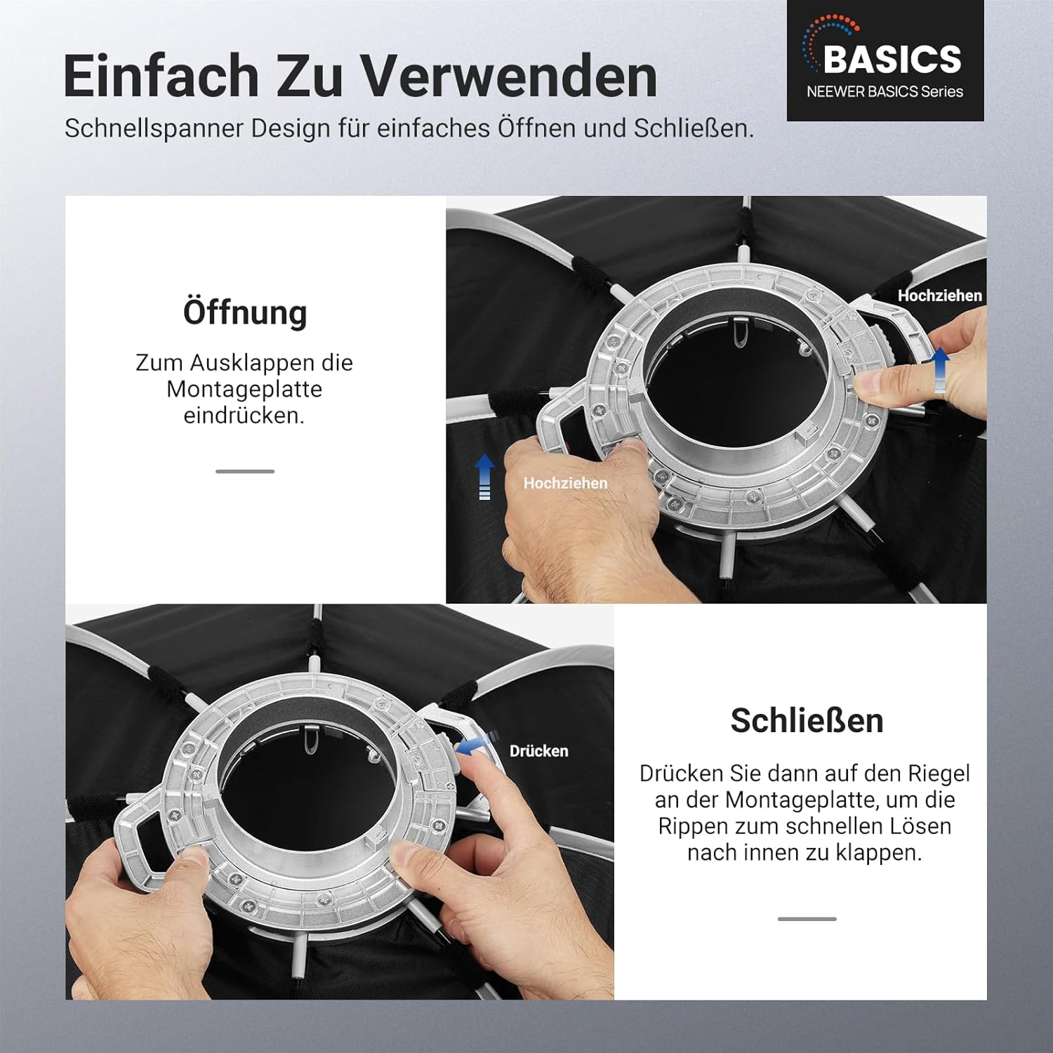 Thumbnail 1 de NEEWER Basics Parabolische Softboxen 90 cm (Bowens Mount) – mit Honeycomb Grid, Diffusoren und Tasche