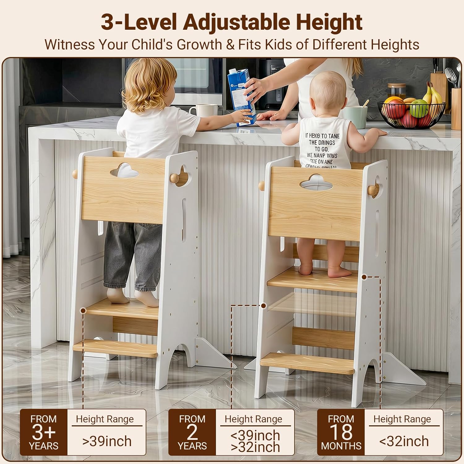 Thumbnail 1 de COSYLAND Toddler Standing Tower 3-Level Wooden Kitchen Stool
