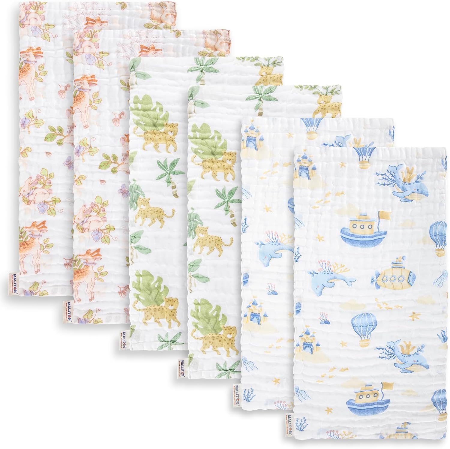 Detalle de Maliton 6-Pack Muslin Burp Cloths (Lion & Whale Collection) – 100% Cotton Muslin Cloths, 50 x 25cm