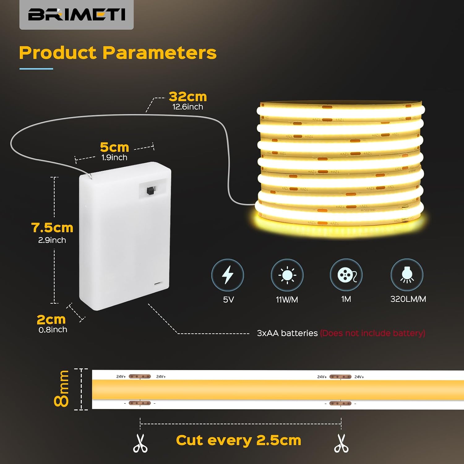 Detalle de BRIMETI 4N-D998-Battery-Z-1M COB-ledstrip, 1 m, 4000 K, op batterijen