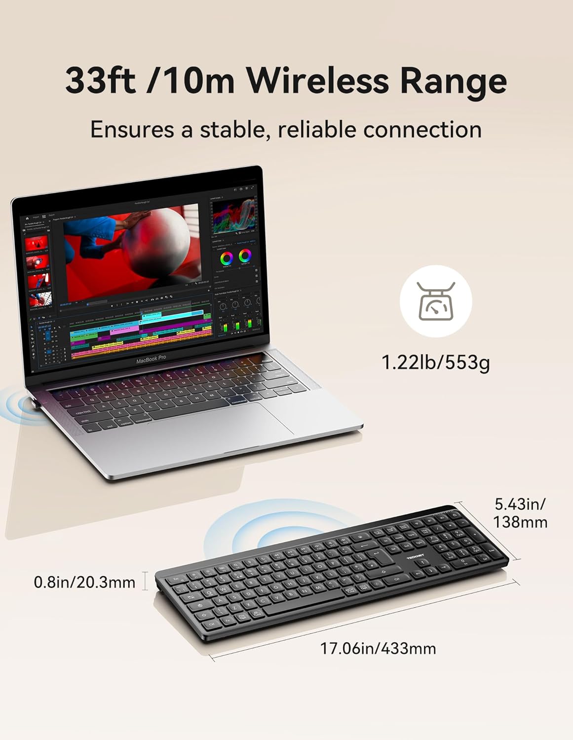 Detalle 2 de TECKNET Silent Wireless Keyboard: UK layout, multi‑device connect (2.4GHz + Bluetooth) with ergonomic design