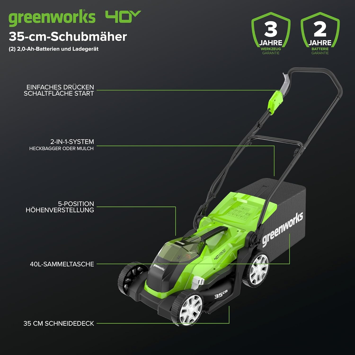 Thumbnail 1 de Greenworks 40V G40LM35K2X: tagliaerba a batteria 35 cm per prati fino a 400 m²