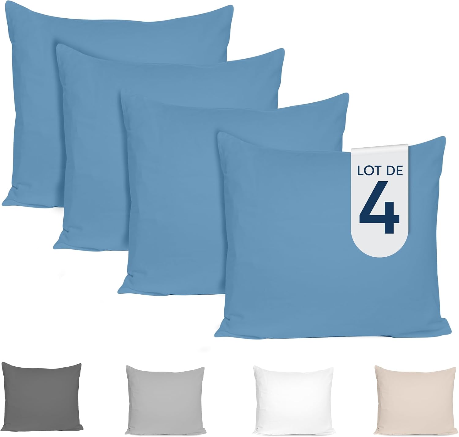 Detalle de Dreamzie Taie Oreiller 80x80 cm – Lot de 4, coton jersey 150 GSM, certifiée OEKO-TEX, Bleu