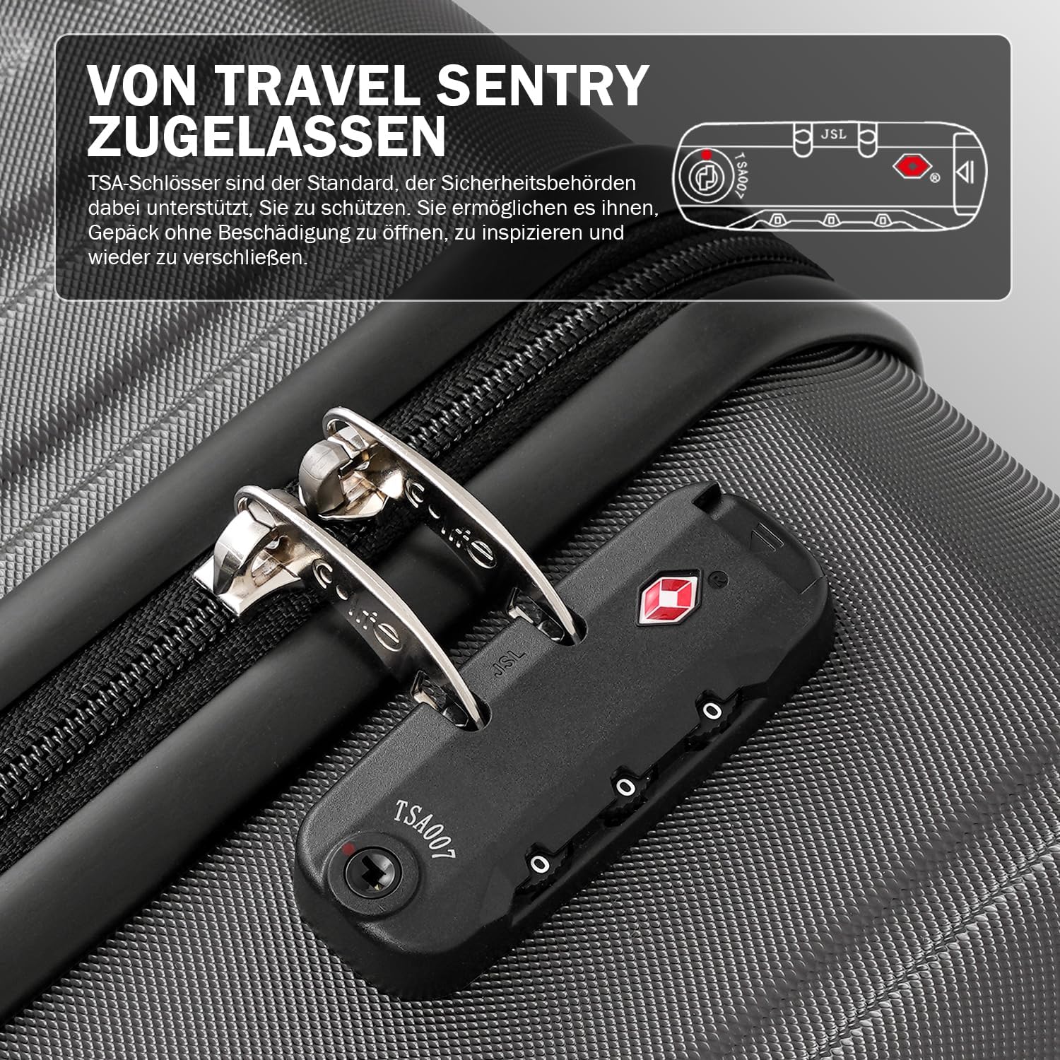 Detalle de COOLIFE Koffer Trolley-Koffer Hartschalen-Koffer 3-teiliges Set – Grau, TSA-Schloss, 4 Zwillingsrollen