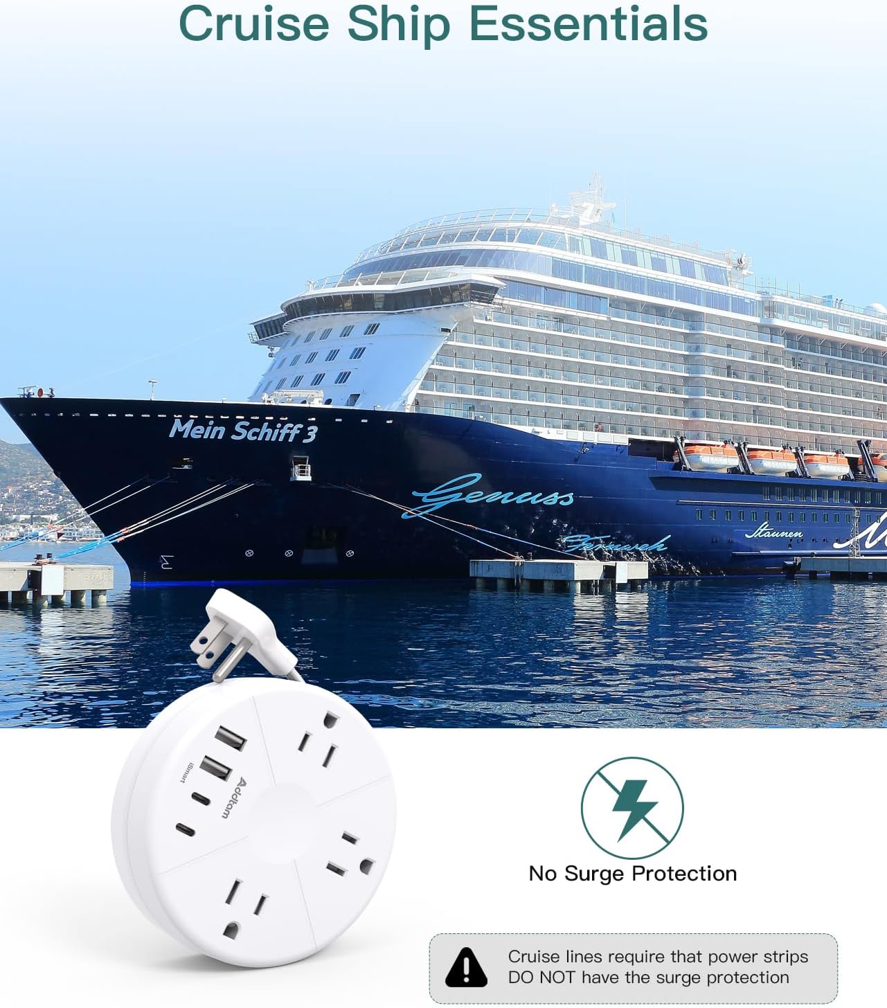 Thumbnail 4 de Addtam Travel Essentials Cruise Approved 7-in-1 Power Strip with Retractable Cord
