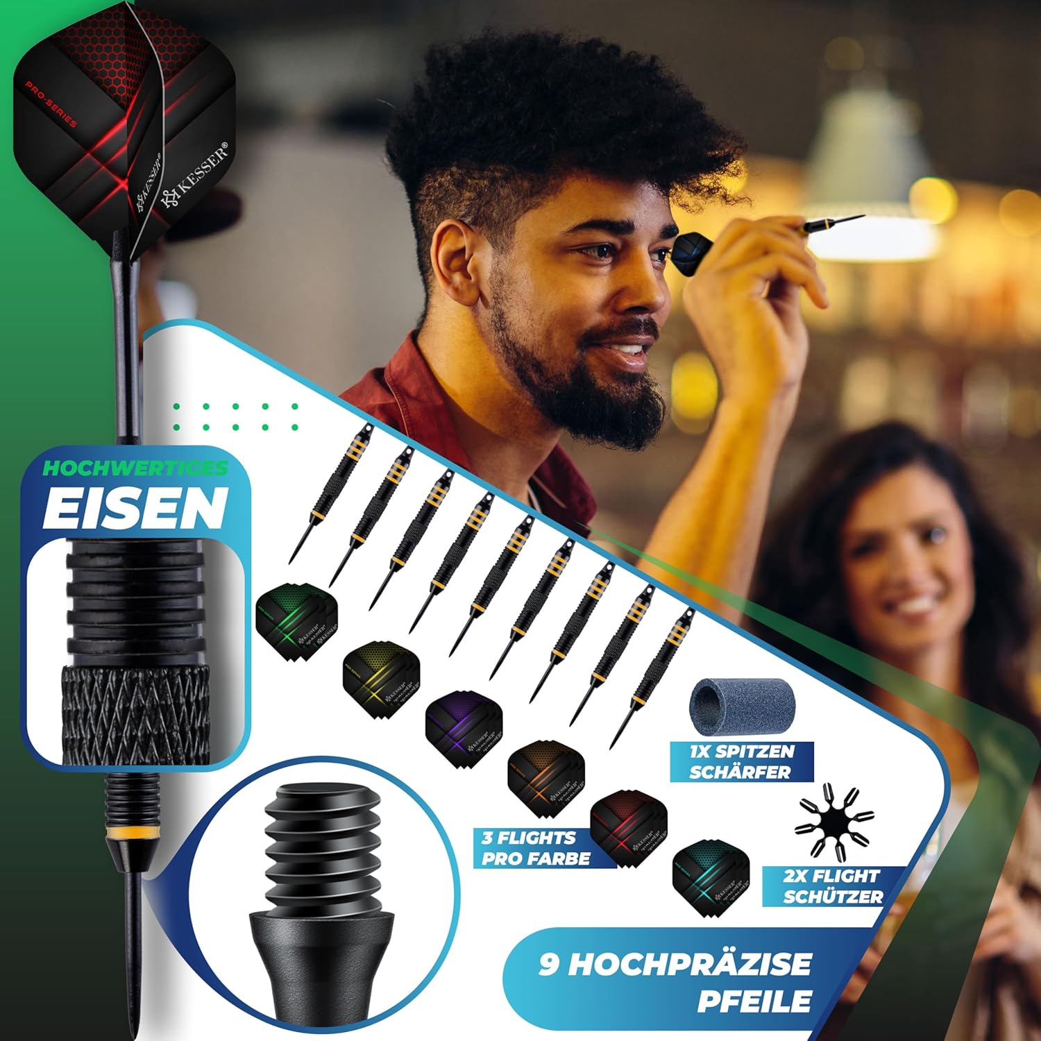 Detalle 2 de KESSER Dartscheibe Sisal mit 9 Dartpfeilen Professional, 24 Pro Flights & Montageset (Steeldart)