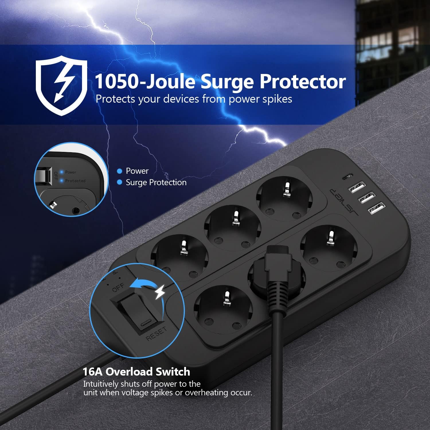 Thumbnail 3 de JSVER Multiprise Parasurtenseur USB 6 Prises + 4 Ports USB (5V 3,4A) – Protection 1050 J et Câble 5m