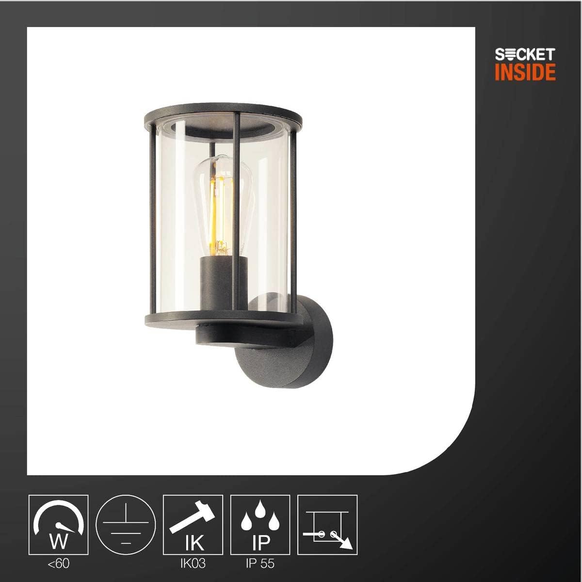 Detalle de SLV Applique en saillie PHOTONIA – Éclairage mural extérieur IP55, E27 60W, anthracite