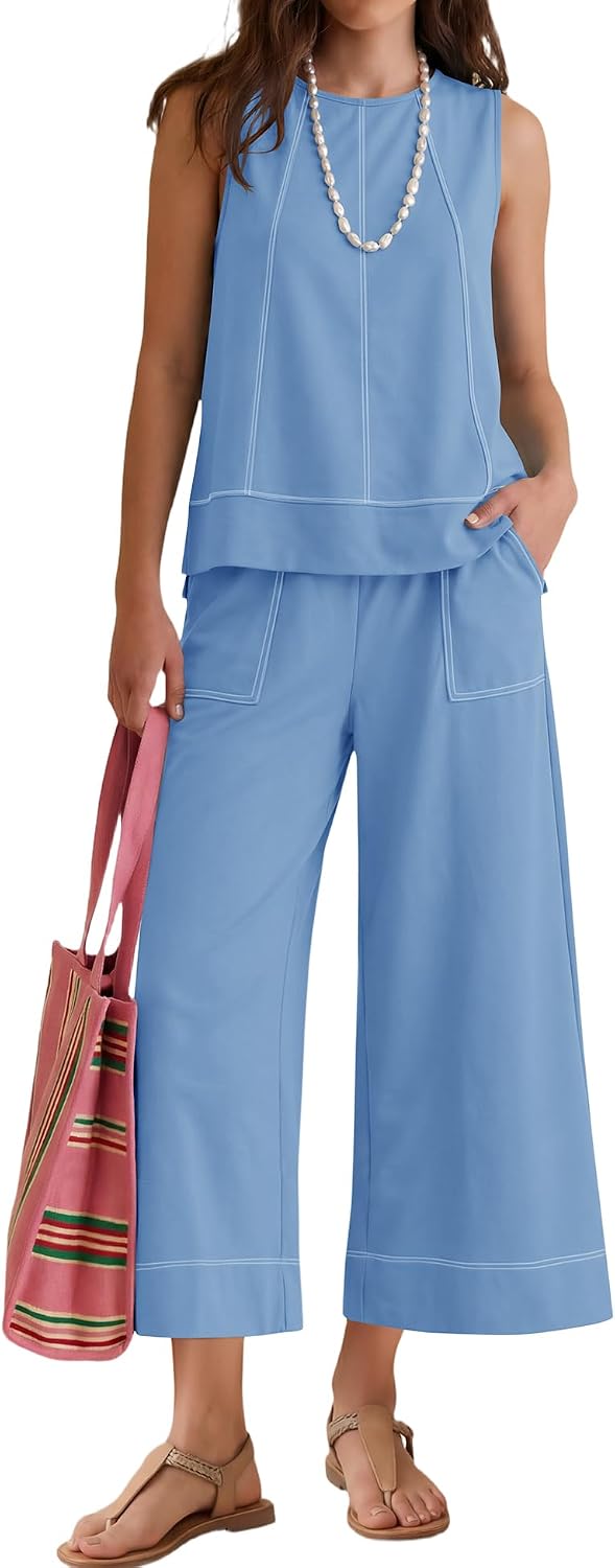Thumbnail 6 de LOMON Two Piece Sets for Women: Sleeveless Top & Wide Leg Crop Pants