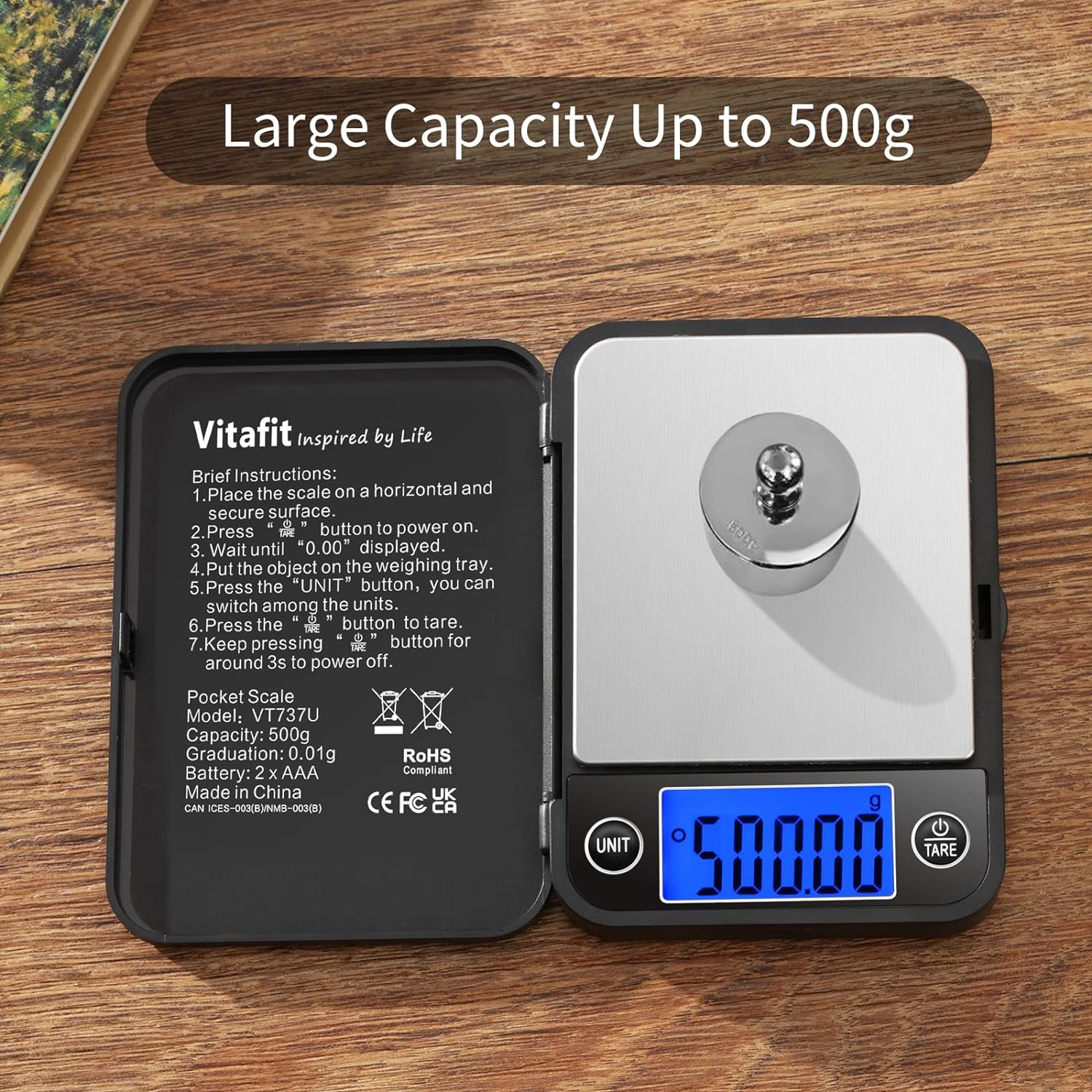 Detalle de Vitafit VT737 digitale zakweegschaal, 500 g, nauwkeurig tot 0,01 g