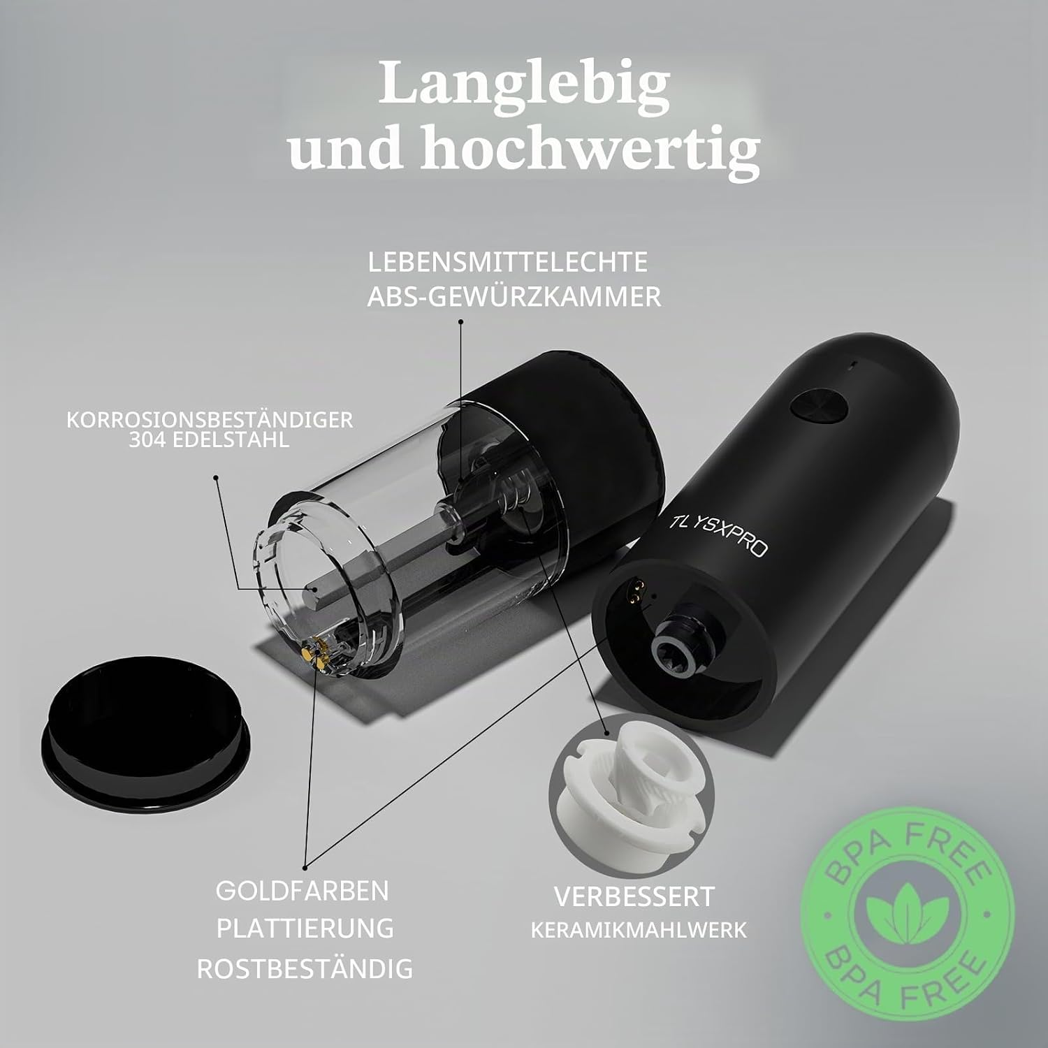 Thumbnail 2 de TLYSXPRO Elektrische Salz- und Pfeffermühle 2er-Set – USB wiederaufladbar, 6 Mahlgrade, LED-Licht