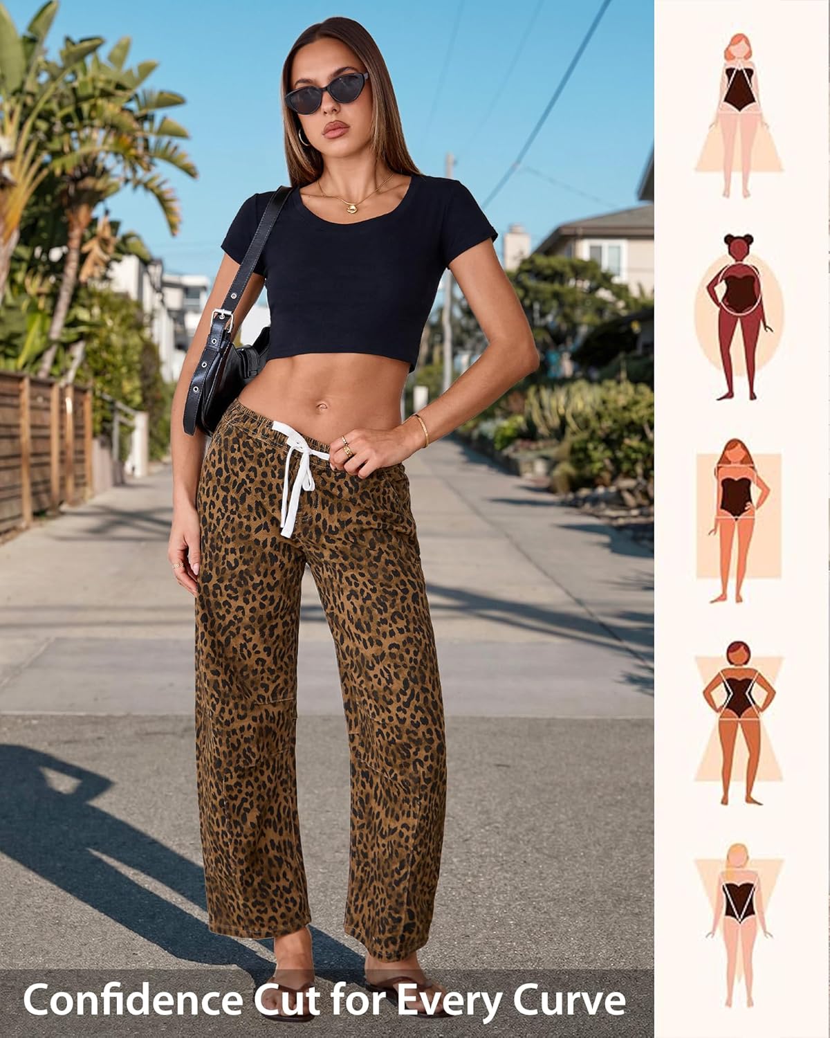 Thumbnail 4 de GRAPENT Barrel Jeans for Women: High-Waisted, Pull-On Wide-Leg Cropped Jeans in Leopard Print