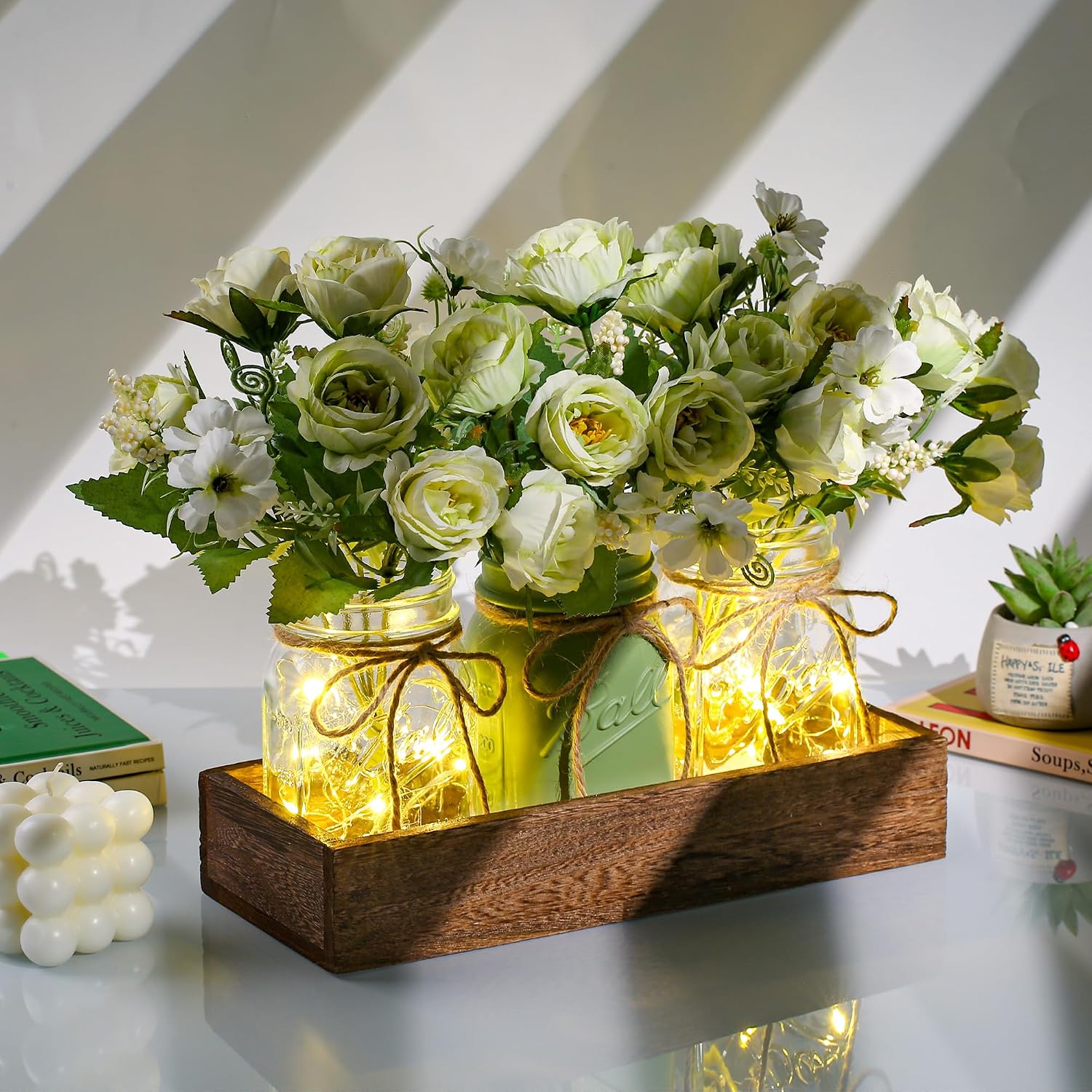 Detalle de DUOER MSG-L Rustic Farmhouse Centerpiece with Wood Tray, Mason Jars & LED Light
