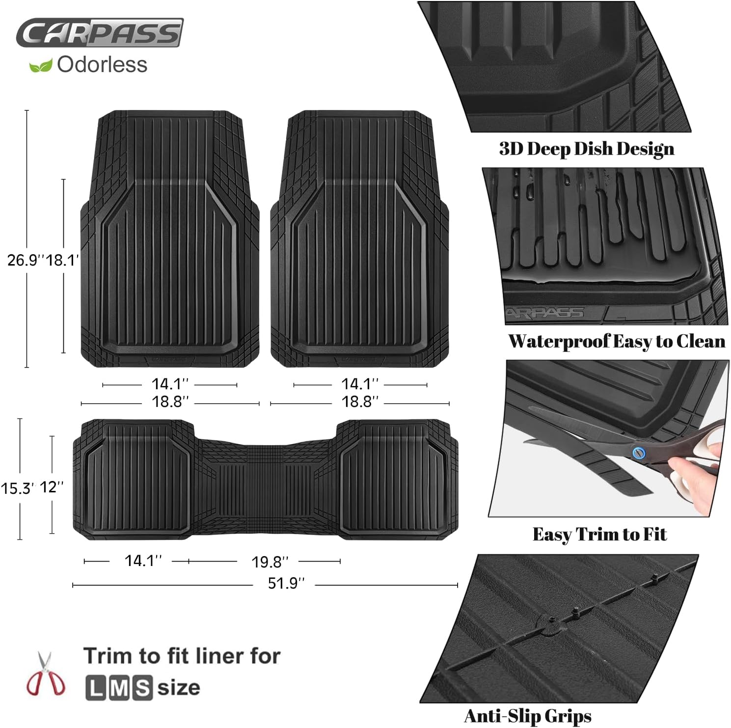 Thumbnail 2 de CAR PASS Heavy Duty Rubber Floor Mats 3pcs