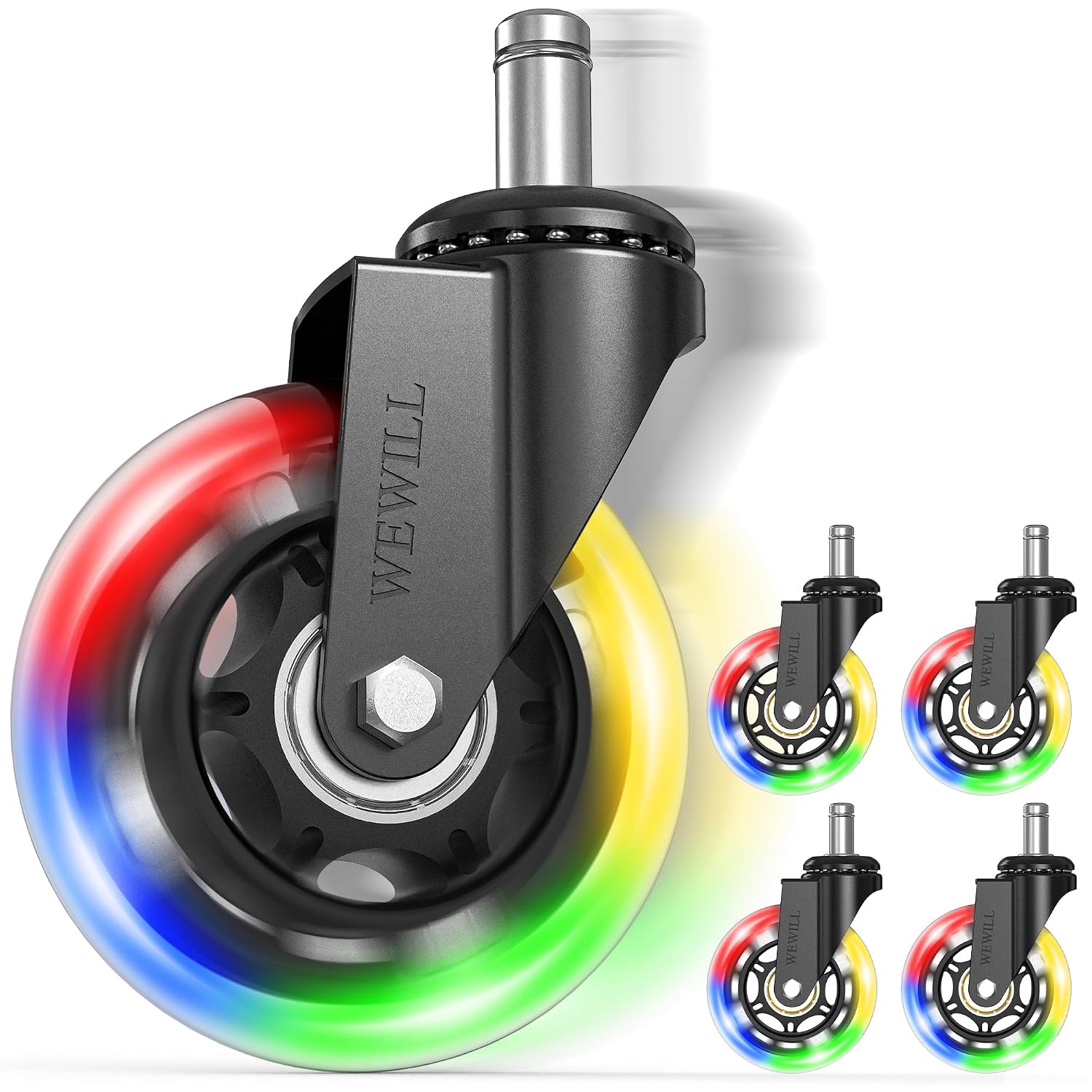 Detalle de WEWILL RGB Bürostuhl Rollen (3" / 11×22 mm) – 5er Set, leuchten beim Rollen in 4 Farben, ohne Batterie