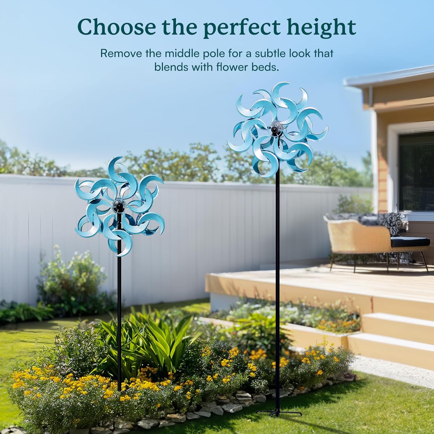 Detalle 2 de Cyan Oasis 87" Wind Spinner Outdoor with Solar Light (Azure Moon) — Large Metal Garden Windmill Decor