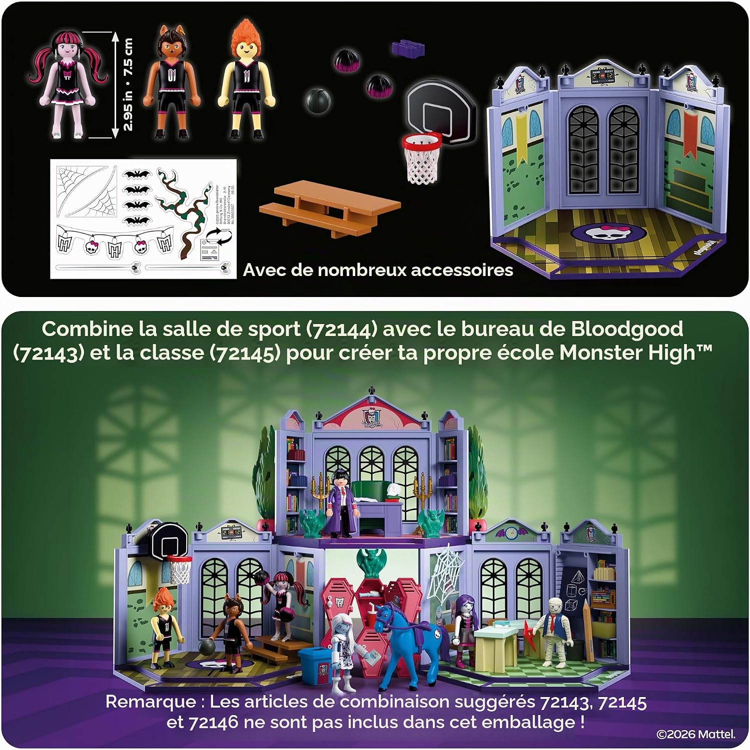 Detalle 2 de PLAYMOBIL Monster High 72144 sportschool met drie personages en basketbalmand