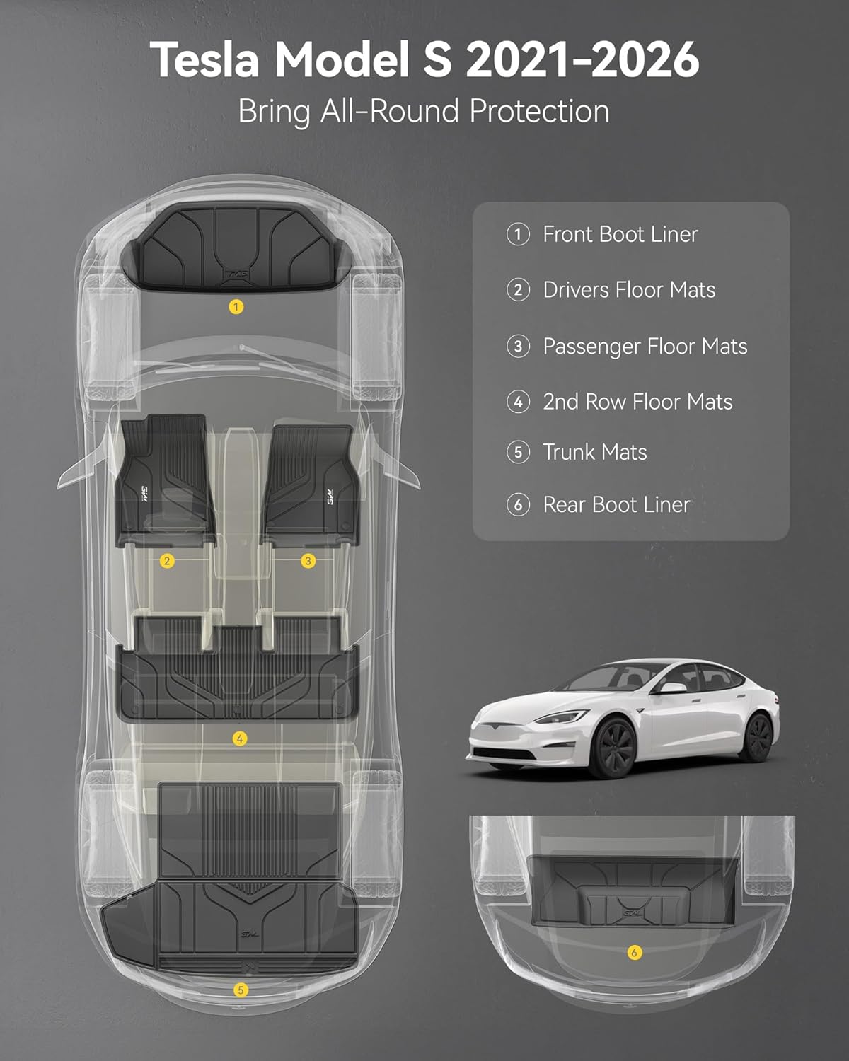 Thumbnail 2 de 3W Floor Mats & Cargo Liner for Tesla Model S (2021-2025) — Custom Fit All-Weather TPE Floor Liners, 1-3 Rows + Trunk