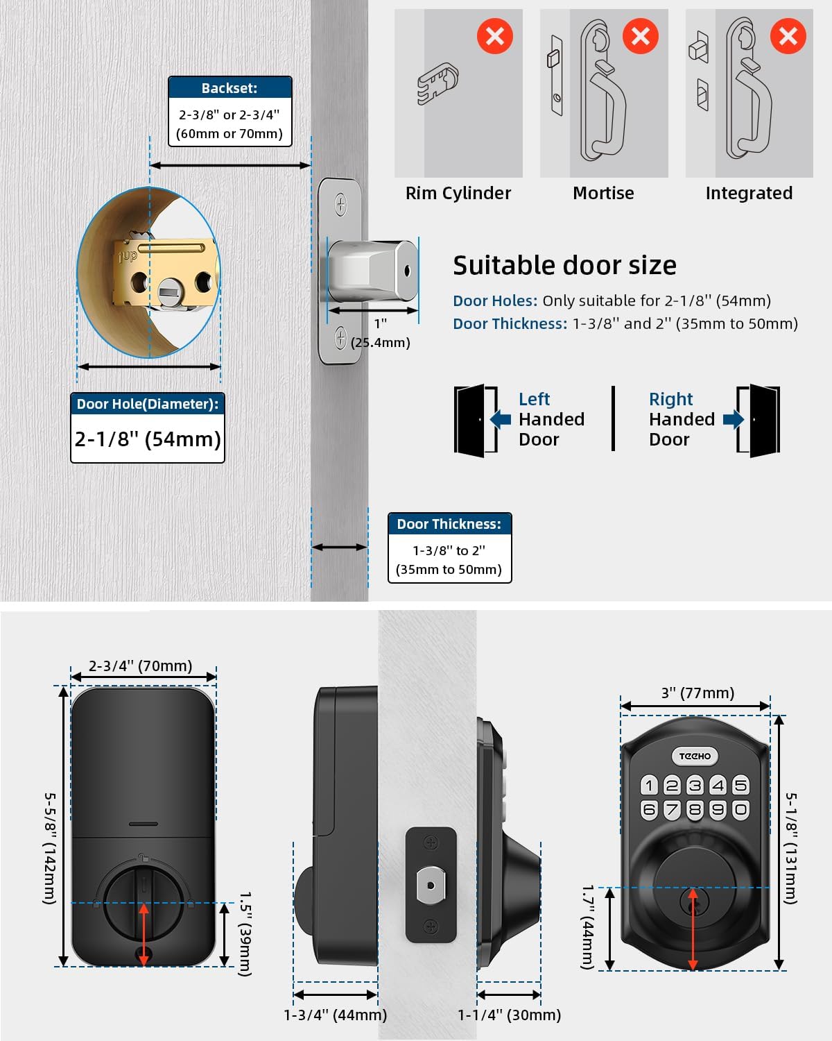 Thumbnail 5 de TEEHO TE001 Keyless Entry Keypad Smart Deadbolt (Matte Black) with 2 Keys