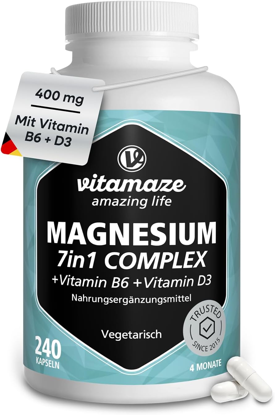 Detalle de Vitamaze Magnesium Complex 400mg | 7 Formen + Vitamin B6 & D3, Bisglycinat, Citrat, Malat, Oxid, Taurinat, Ascorbat, Lactat – Made in Germany