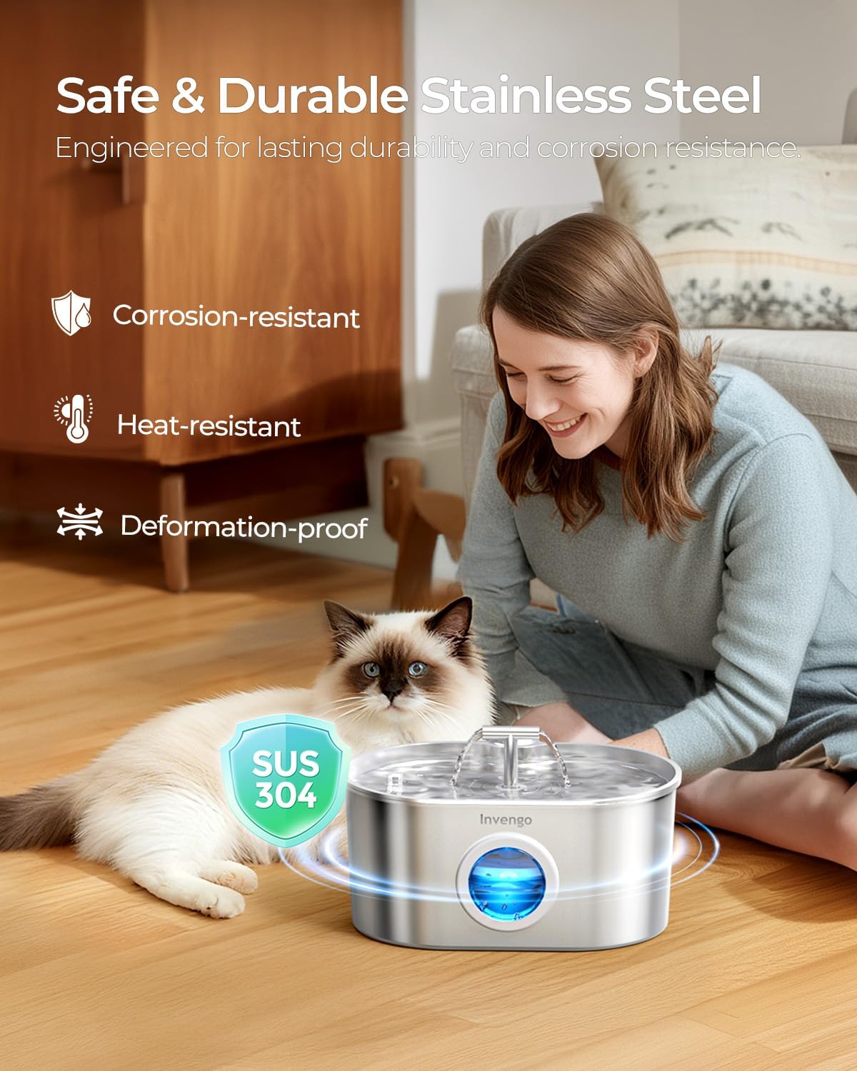 Detalle de Invengo Cat Water Fountain (2.2L) for Drinking with Ultra-Quiet Pump, 304 Stainless Steel & 4 Replacement Filters