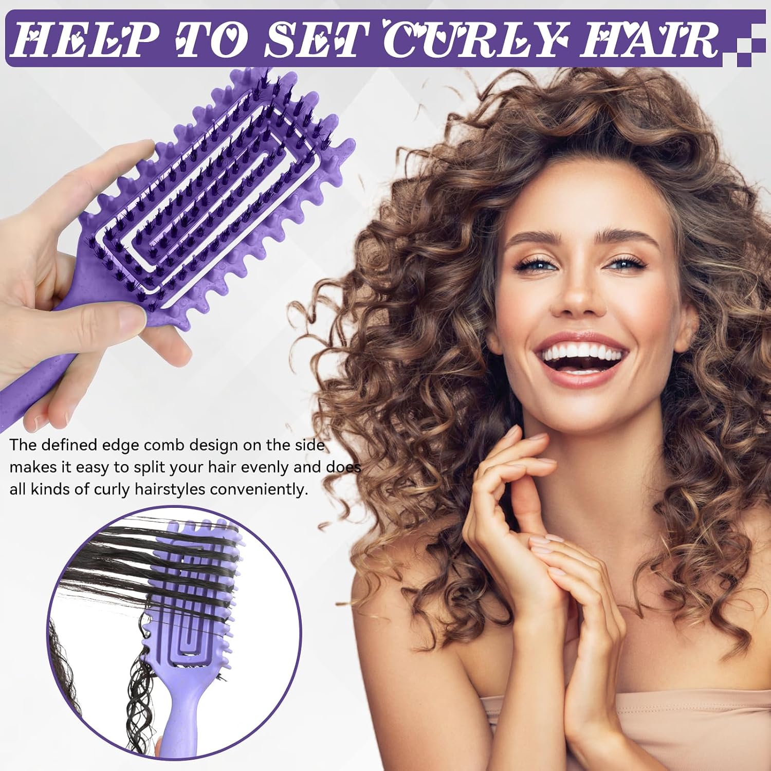 Detalle de Lockenbürste für Locken – sanftes Entwirren und Styling ohne Ziepen (Lila)