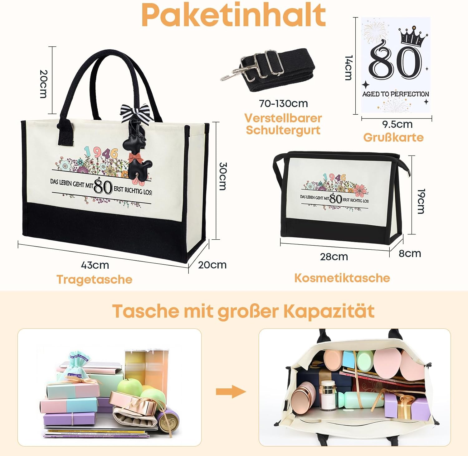 Thumbnail 3 de Seutgjie Geschenkset zum 80. Geburtstag – Vintage Tote Bag, Kosmetiktasche und Glückwunschkarte