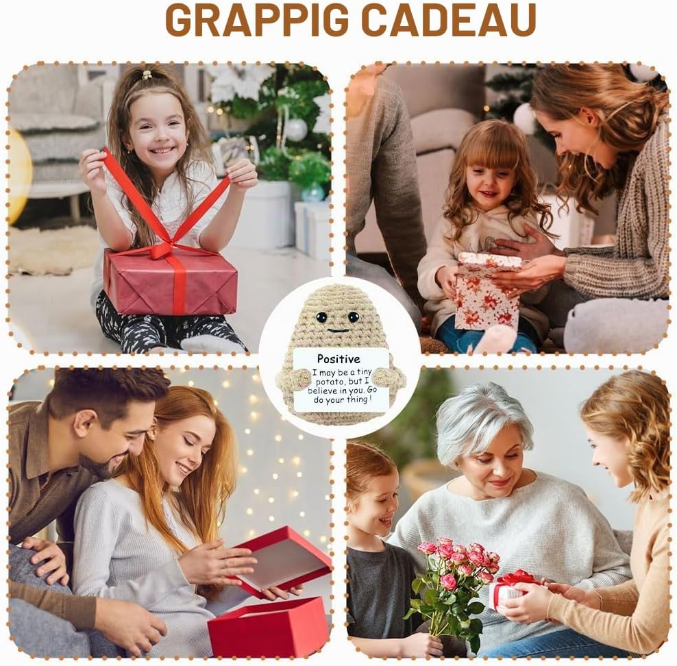 Detalle 2 de Aolso gebreide aardappelpop met positieve kaart, wollen knuffel in kaki