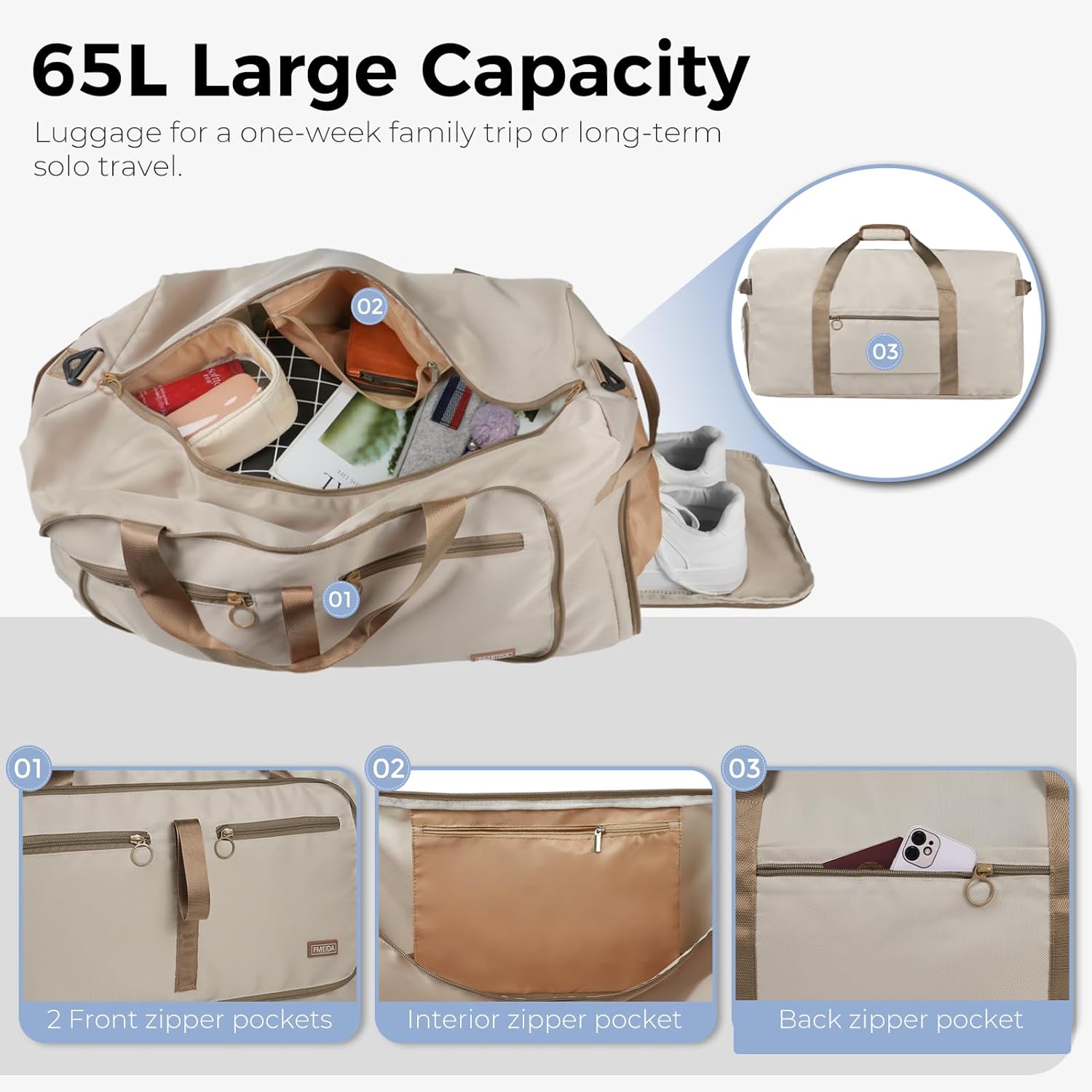 Detalle 2 de Fmeida Reisetasche XXL (65 l) mit Schuhfach – faltbarer Weekender für Sport, Reise & Alltag (Navy)