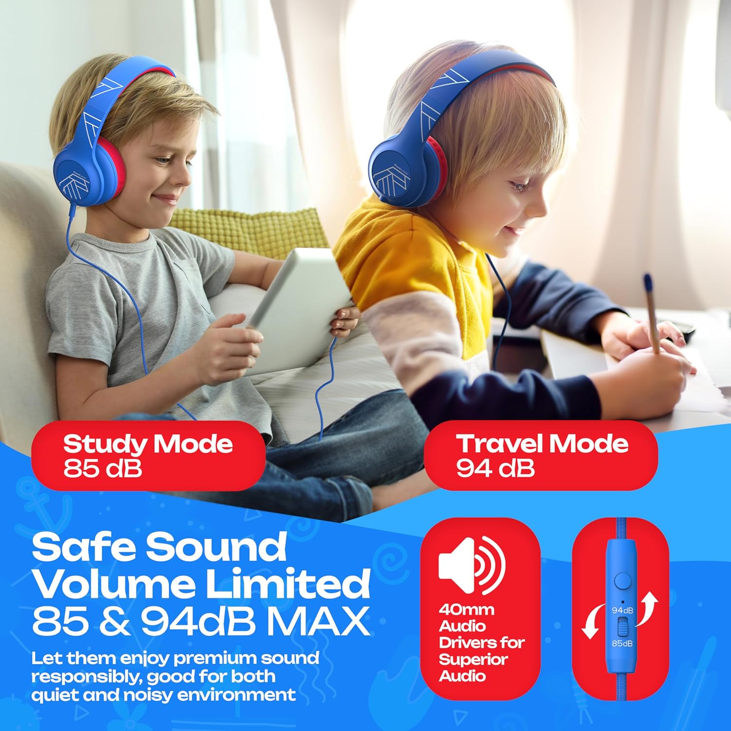 Thumbnail 2 de PowerLocus Kids Headphones with Microphone: Wired, Over-Ear, 85/94 dB Safe Volume, USB-C, Foldable