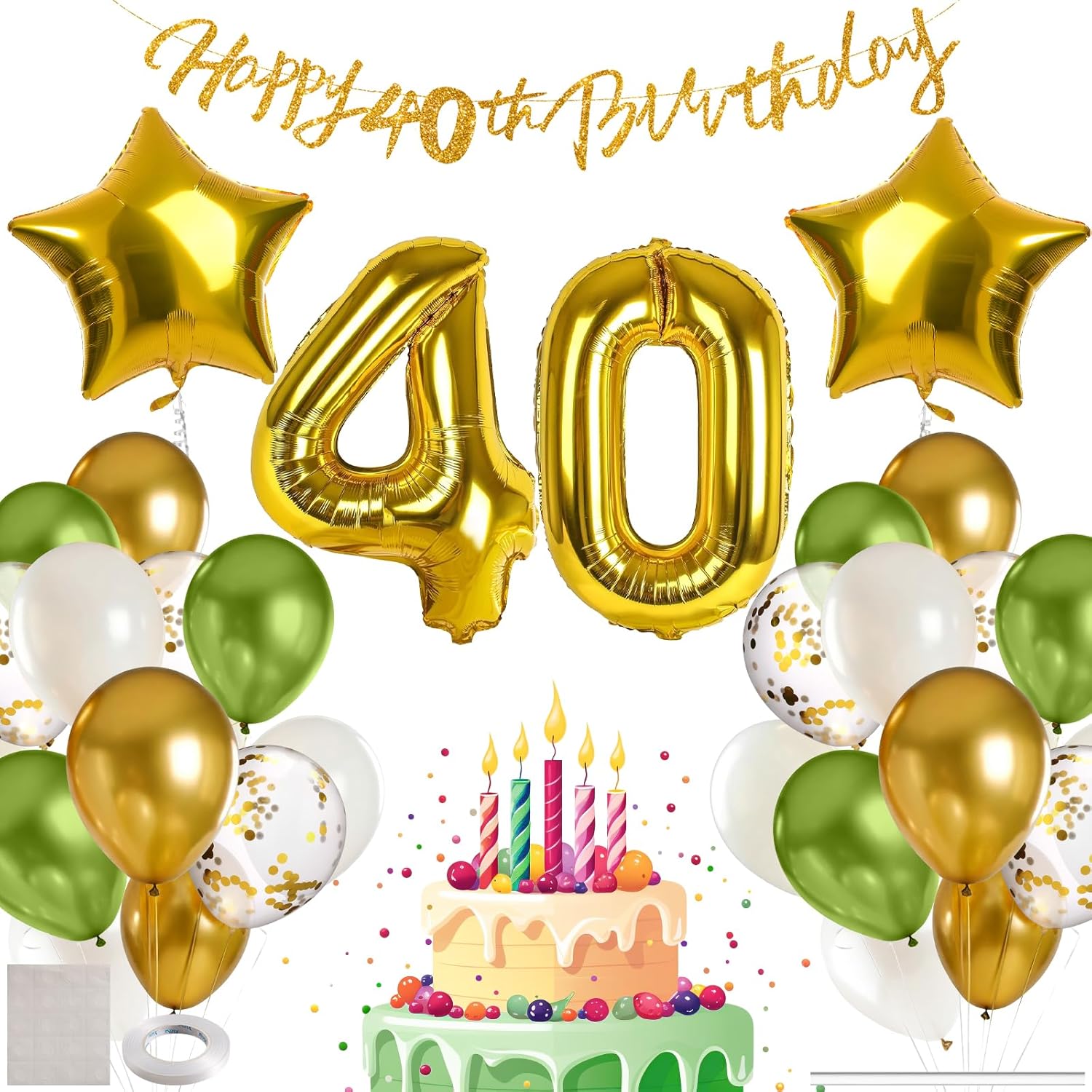 Kit déco ballons anniversaire 40 ans MIEWAA : bannière Happy Birthday + ballon chiffre 40 + étoiles foil et ballons latex