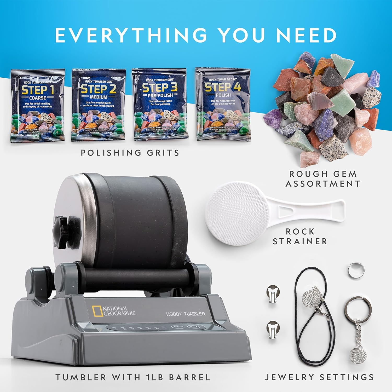 Detalle de National Geographic Rock Polishing Kit (Amateur Edition) STEM tumbler set with rough gemstones and polishing grits